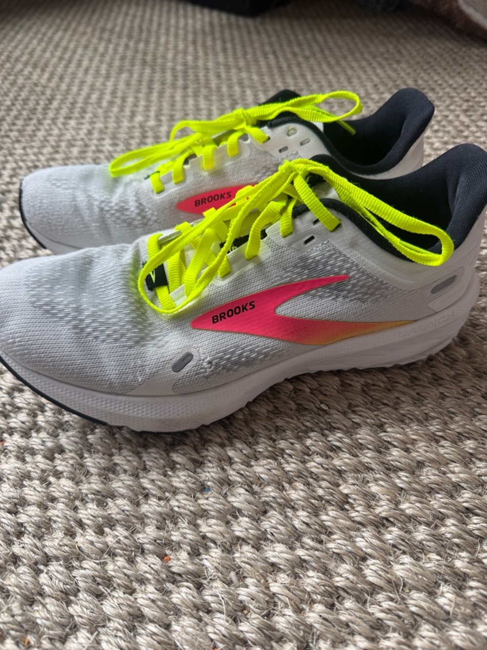Brooks White Running Sneakers with Neon Yellow Laces and Pink Accent launch 9 8